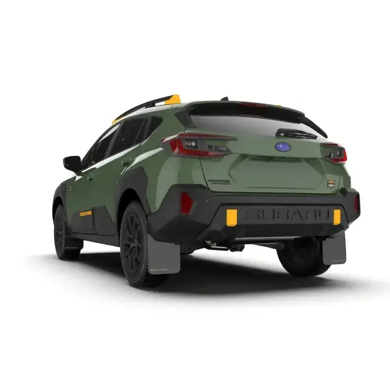 Rally Armor 2024 Subaru Crosstrek Wilderness trim, black UR mudflap with wild-orange logo, no-drill installation, durable protection from mud and debris.