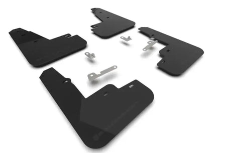 Black automotive mud flaps with mounting hardware and metallic black logo for Ford Mustang