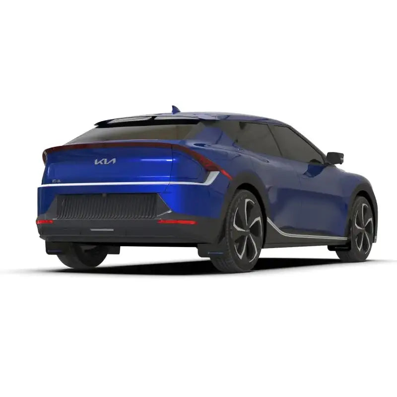 Blue Kia EV6 with Rally Armor black mud flaps featuring White Logo