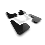 Black mud flaps and metal brackets for Acura Integra Type S rally car protection