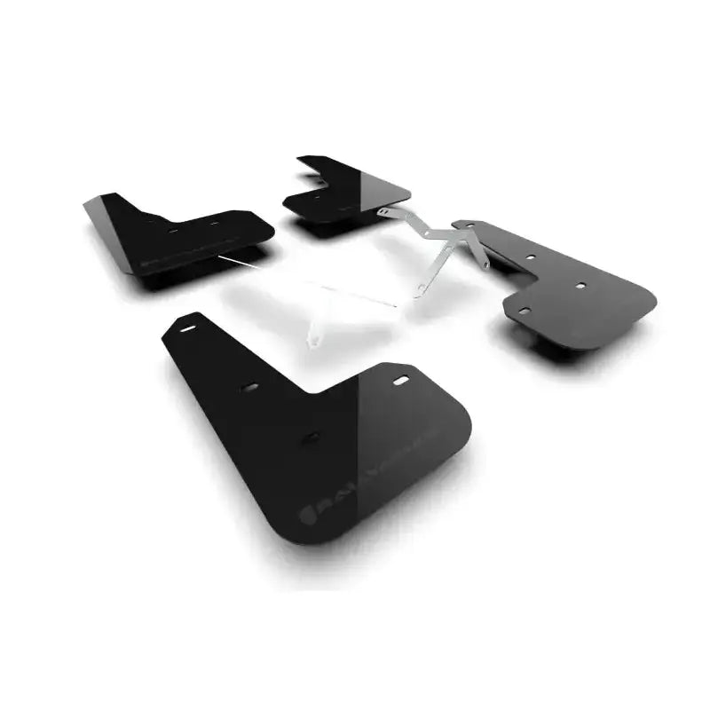 Black mud flaps and metal brackets for Acura Integra Type S rally car protection