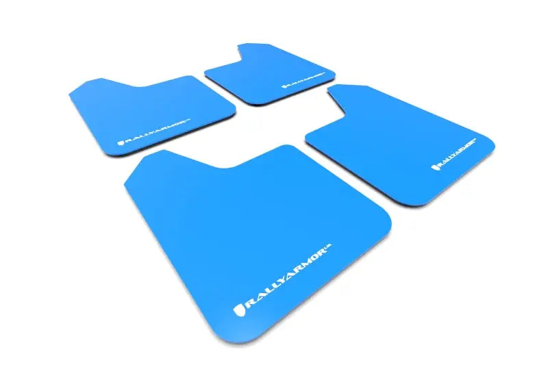 Four blue Rally Armor Universal UR Mud Flaps for rally cars, easy to install