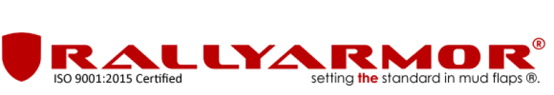 Red RALLYARMOR logo on black background for Rally Armor Universal UR Mud Flap Blue logo