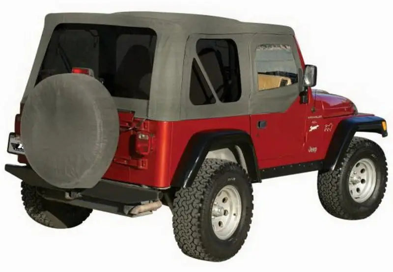 Red Jeep Wrangler with grey denim soft top and spare tire cover for Jeep CJ5 complete top