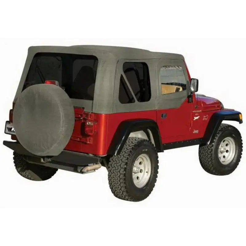 Red Jeep Wrangler with grey denim soft top and spare tire, perfect for Jeep CJ5 complete tops