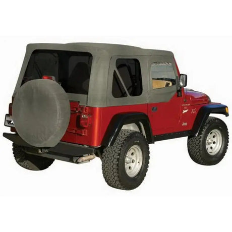 Red Jeep Wrangler with grey denim soft top and spare tire, perfect for Jeep CJ5 complete tops