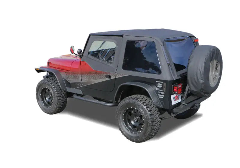 Rampage 1992-1995 Jeep Wrangler(YJ) Frameless Soft Top Kit - Black Diamond, featuring tinted windows and door skins for half door applications, installed on a red and black Jeep Wrangler.