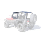Rampage 1992-1995 Jeep Wrangler(YJ) Frameless Soft Top Kit - Black Diamond, shown installed on a black Jeep with removable side and rear tinted windows and door skins.