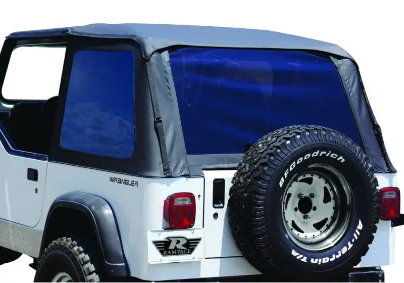 Rampage 1992-1995 Jeep Wrangler (YJ) Frameless Soft Top Kit in Black Diamond with tinted windows and door skins.