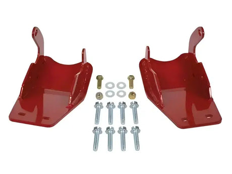 Red metal brackets with hardware for Rancho 21-22 Ford Bronco lower control arm glide plates