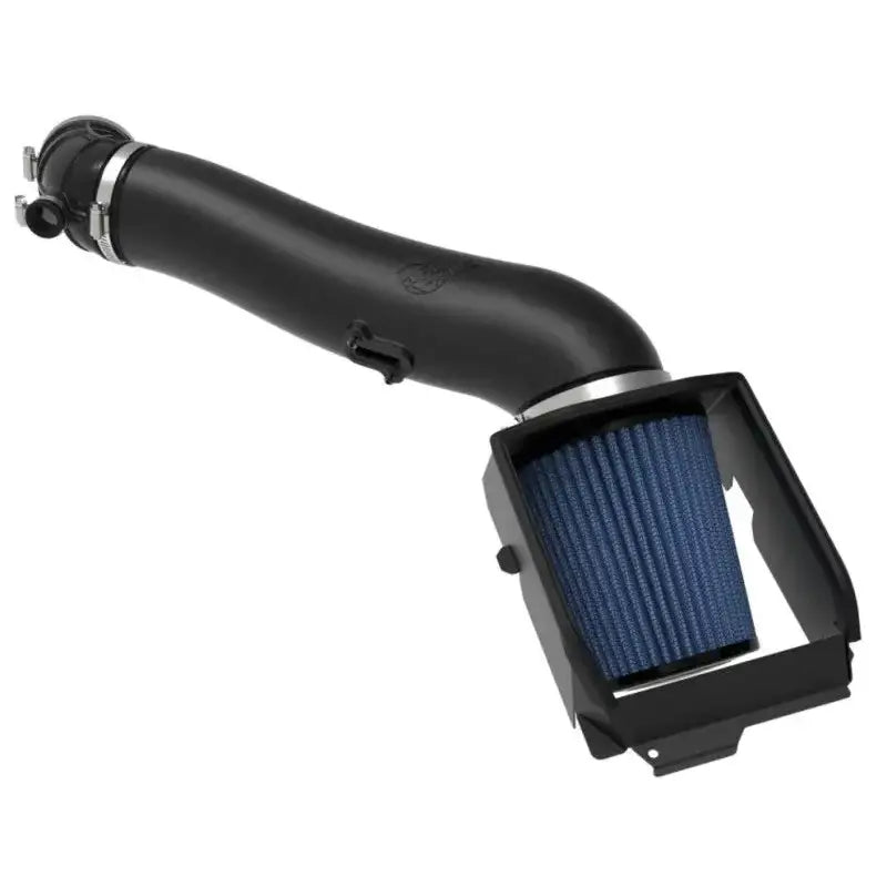 Black air intake system with blue Pro 5R filter for rapid induction cold air upgrade