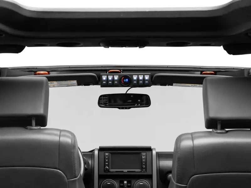 Overhead control box and switch panel in a Jeep Wrangler JK for easy access