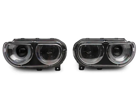 Black dodge challenger headlights with sequential turn signals and halo design