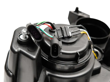 Black automotive component with wiring for Dodge Challenger halo with sequential turn signals