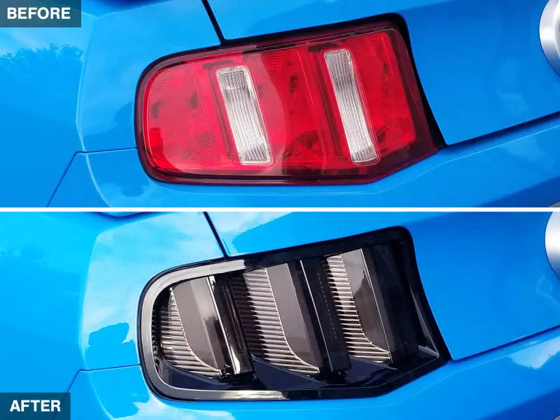 Car taillights before and after tinting with Raxiom Vector V2 LED tail lights on Mustang