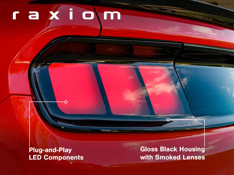 Red car tail lights with gloss black housing and smoked lenses for Ford Mustang