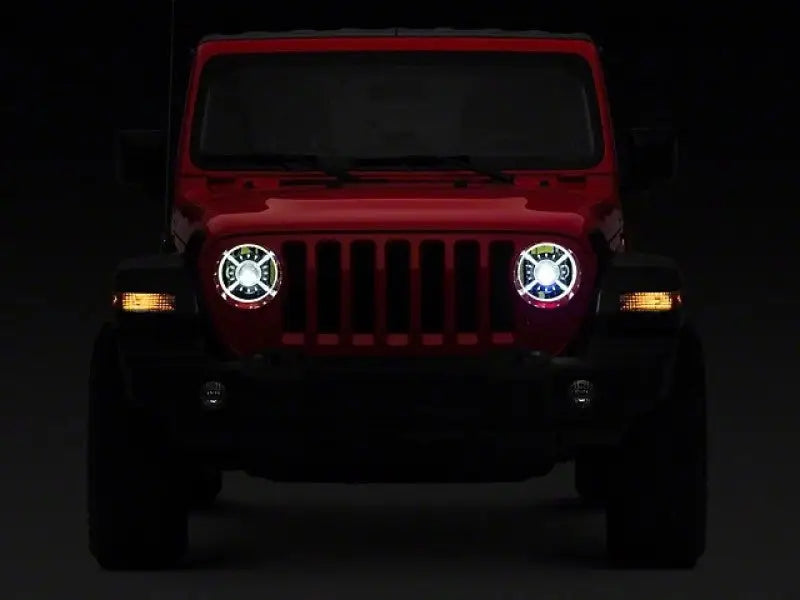 Red 2019 Jeep Wrangler Rubicon with 9-inch LED headlights