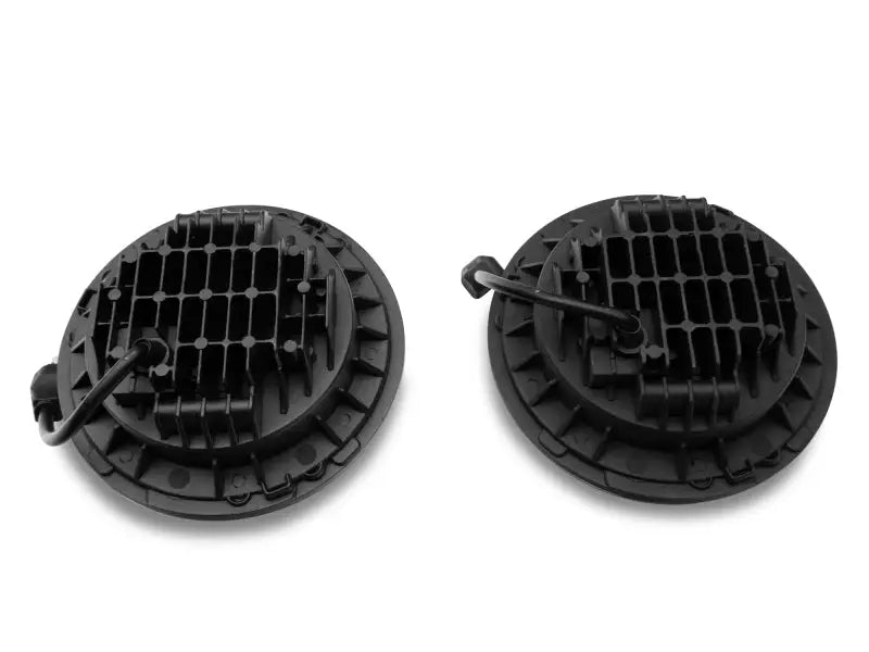 Two black round LED daymaker headlights with cooling fins for Jeep Wrangler TJ/JK