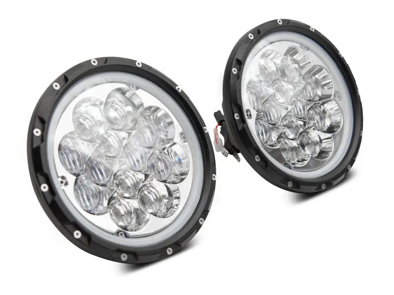 Round LED headlights for Jeep Wrangler with axial spider LED design and amber DRL