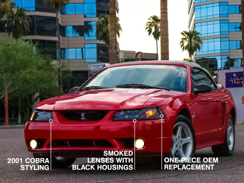 Red 2001 Cobra Mustang with Raxiom Axial Series OE Style Black Headlights smoked lens