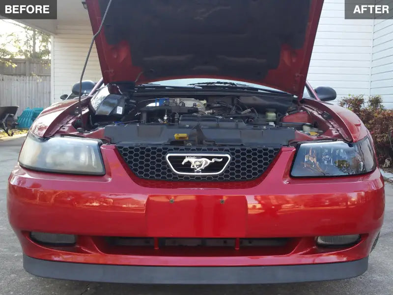 Red Mustang with modified headlights featuring smoked lens in Raxiom axial series oe style