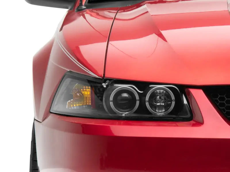 Red car headlight assembly with LED halo projector for Ford Mustang 99-04 in black