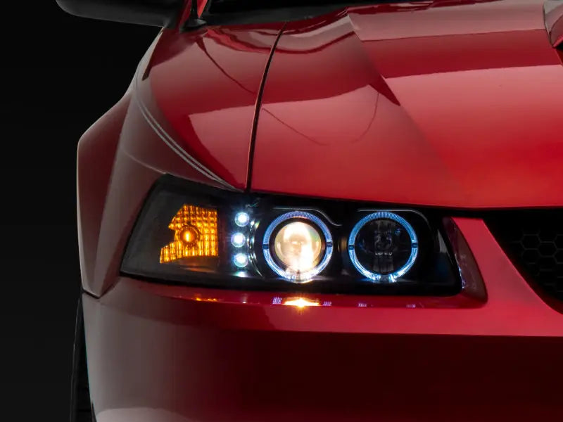Red car headlight assembly with LED halo projector for Ford Mustang 99-04 black housing