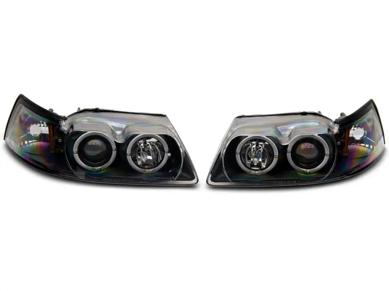 Pair of black LED halo projector headlights for Ford Mustang 99-04, clear lens style