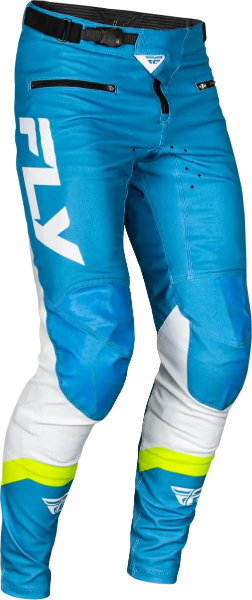 Blue and white motocross pants with durable stretch technology, size 28