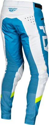 Blue and white motocross pants with durable stretch technology and lime green details