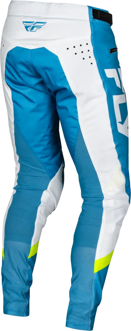 Blue and white motocross pants with durable stretch technology and lime green details