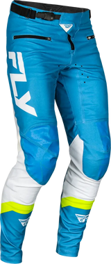 Blue and white motocross pants with durable stretch technology for racing or riding