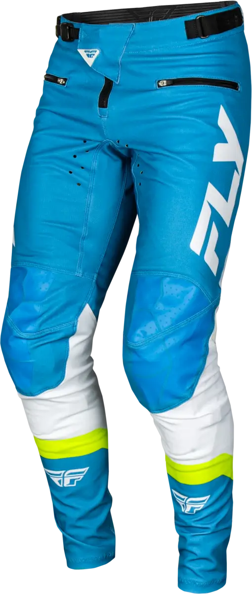 Blue, white, and neon yellow Rayce Bicycle Pants with durable stretch technology and zippered pockets