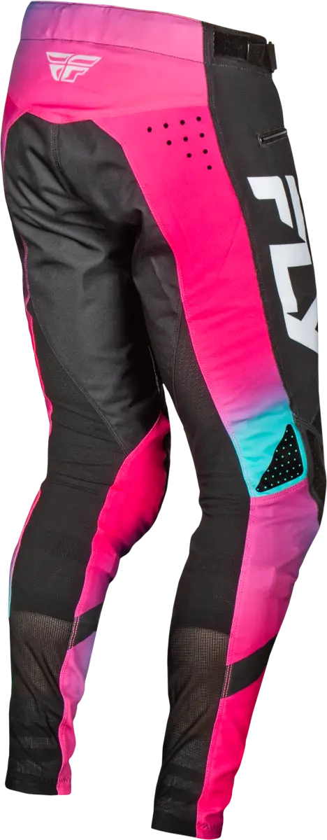 Pink and black motocross pants with durable stretch technology, size 38