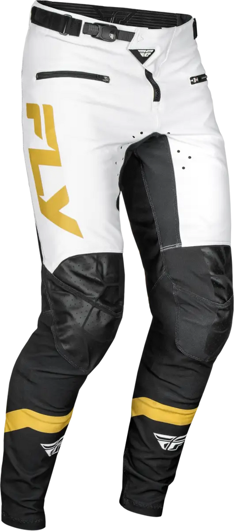 White and black motocross pants with durable stretch technology for riding comfort