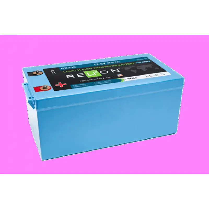 RB300 Relion 300Ah 4Sc LiFePO4 battery with blue body and red black terminals