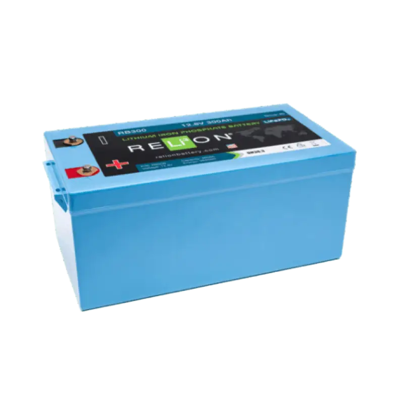 Blue RB300 Relion 300Ah 4Sc LiFePO4 battery with red black terminals