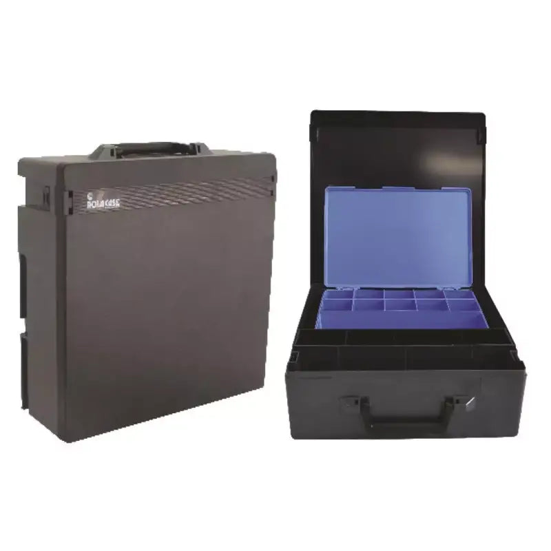 Black plastic toolboxes shown in RC003/QK Rolacase organizer carry case for tools