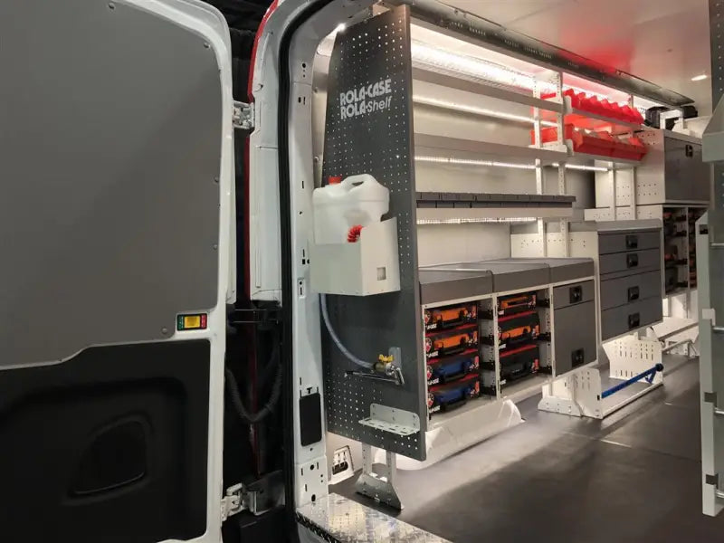 Van interior with shelving and storage in RCSK6/C Rolacase 4 Drawer Parts Org Cabinet Kit