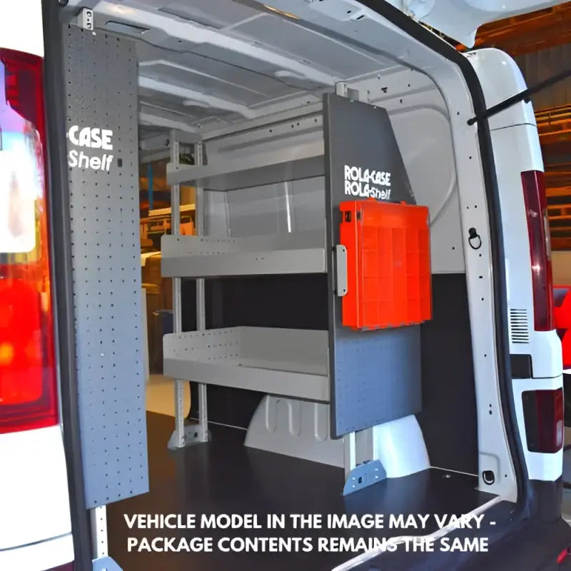 Van shelving system with RCVCH Rolacase Vertical Plastic Parts Org Holder