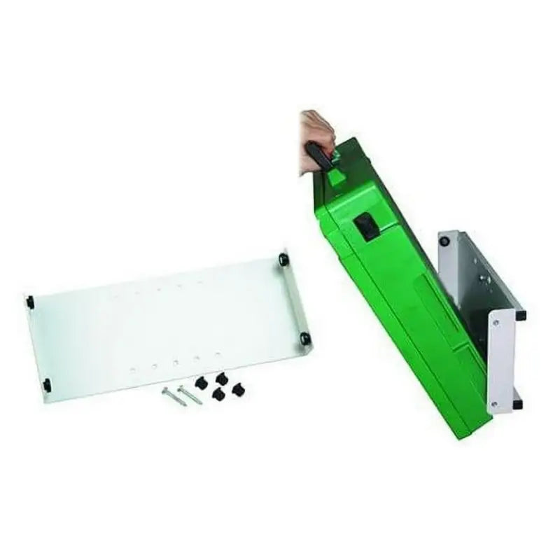Green toolbox being mounted on RCVCH Rolacase Vertical Plastic Parts Org Holder