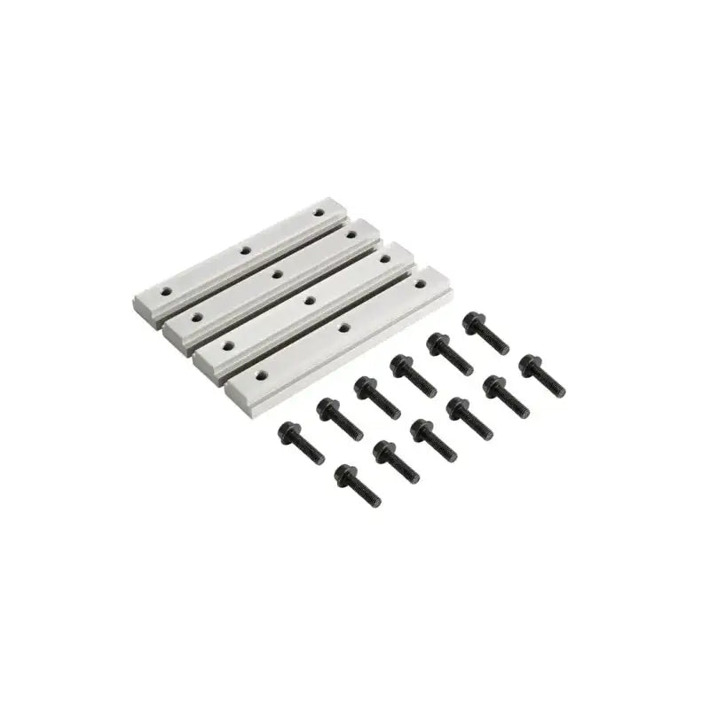 Rhino Rack track mount with 4 silver aluminum rails and black hex screws