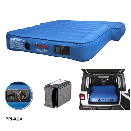 Blue inflatable car mattress.