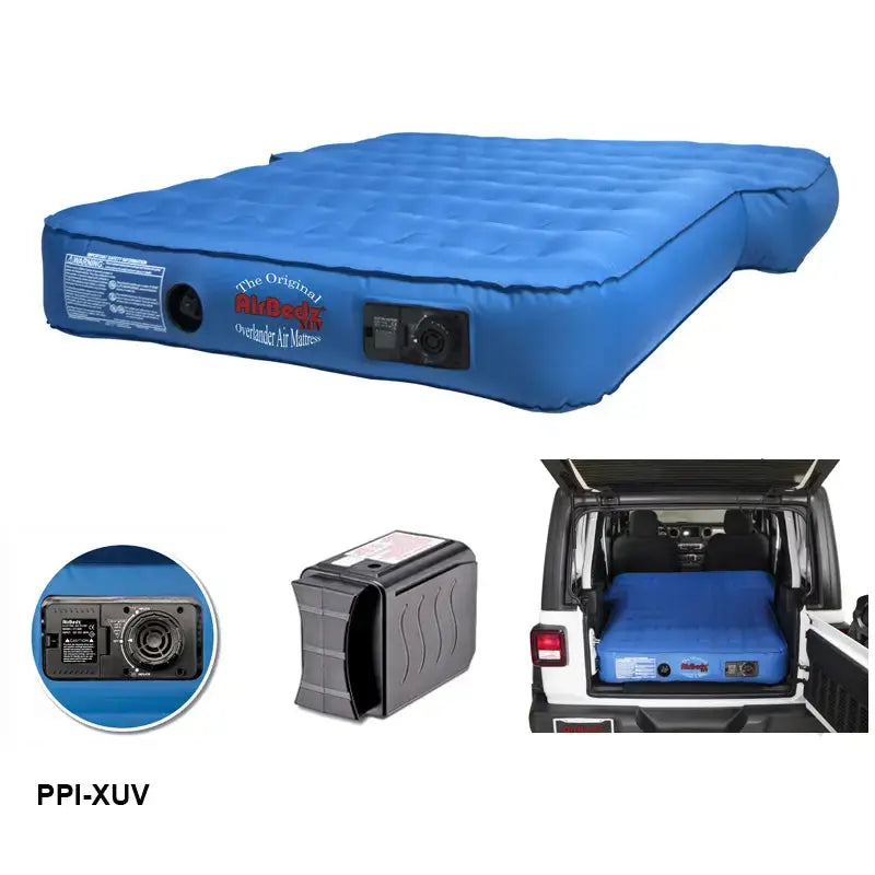 Blue inflatable car mattress.