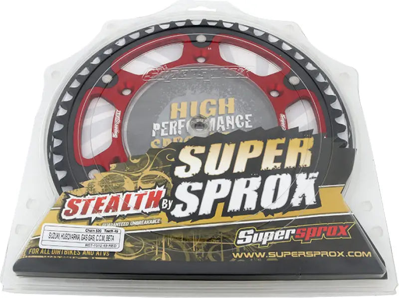 Red and black rear stealth sprocket in clear packaging for Stealth Sprocket Alu/Stl 49t 520 Red Gas/She