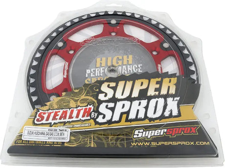 Red and black rear stealth sprocket in clear packaging for Stealth Sprocket Alu/Stl 49t 520 Red Gas/She