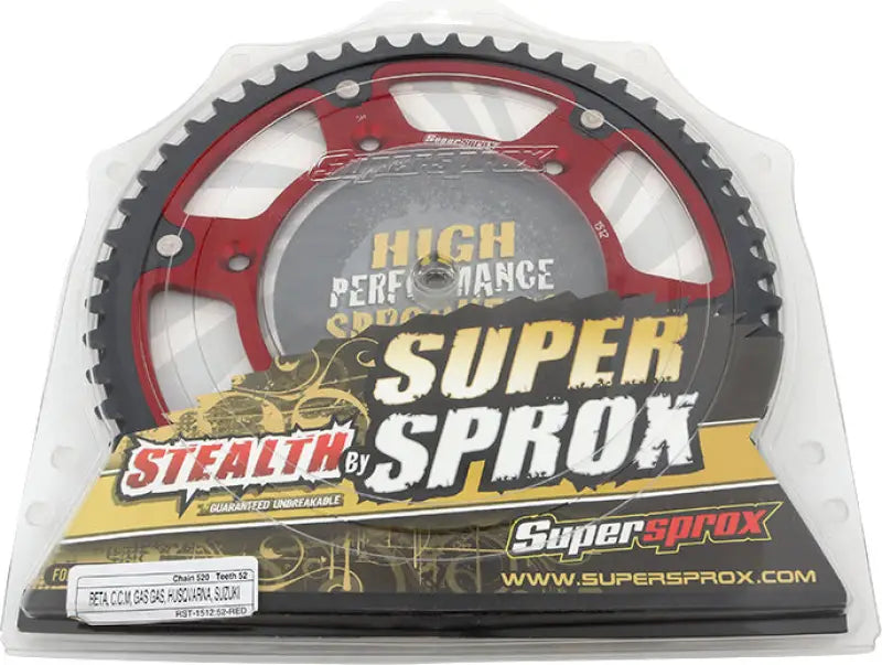 Red and black rear stealth sprocket alu/stl in clear plastic packaging for Husqvarna 52t