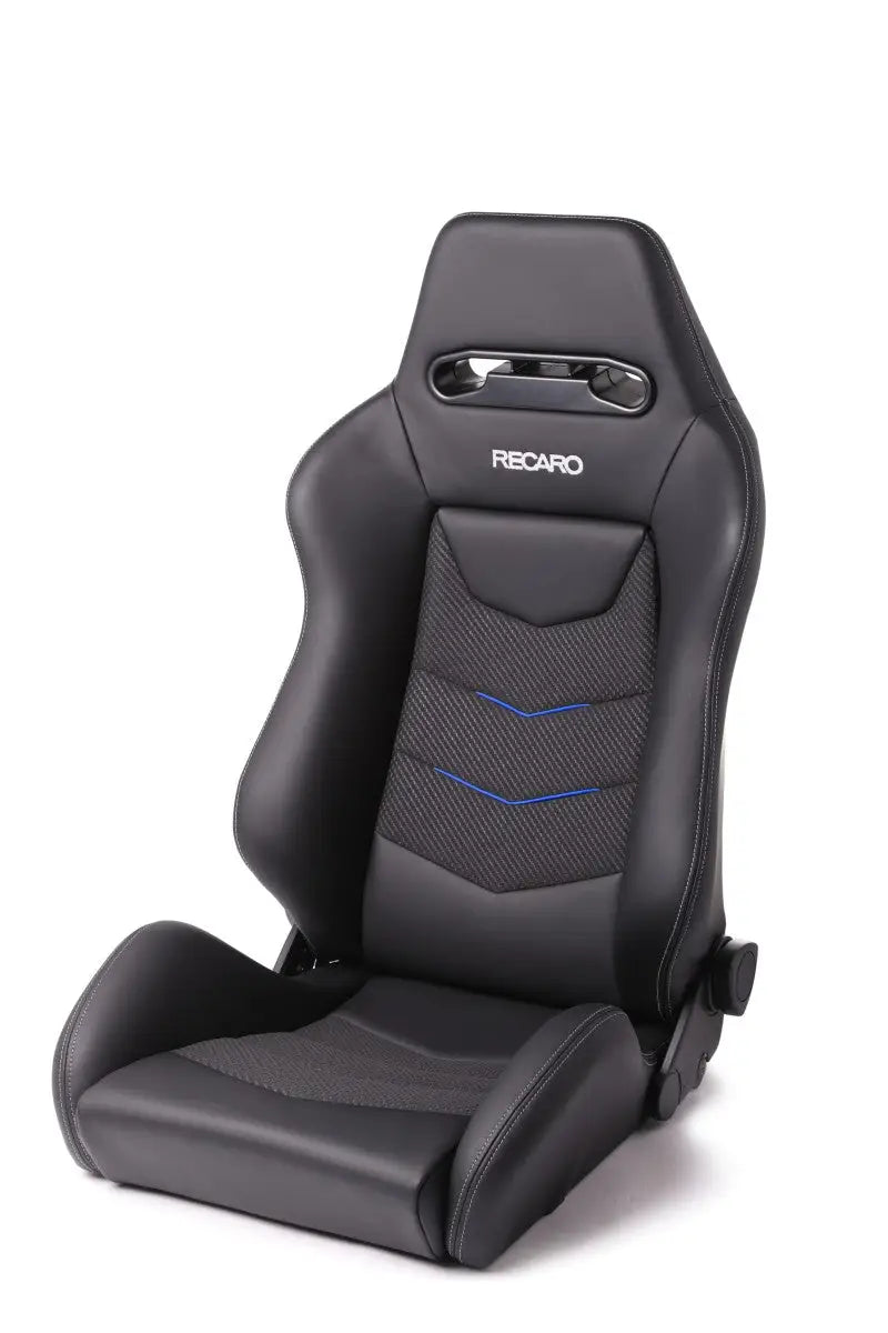 Recaro Speed V driver seat in black leather with blue suede accents