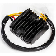 Black motorcycle regulator rectifier with wiring, OEM parts, 1-year warranty