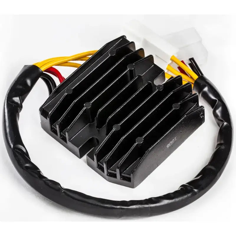 Black motorcycle regulator rectifier with wiring, OEM parts, 1-year warranty
